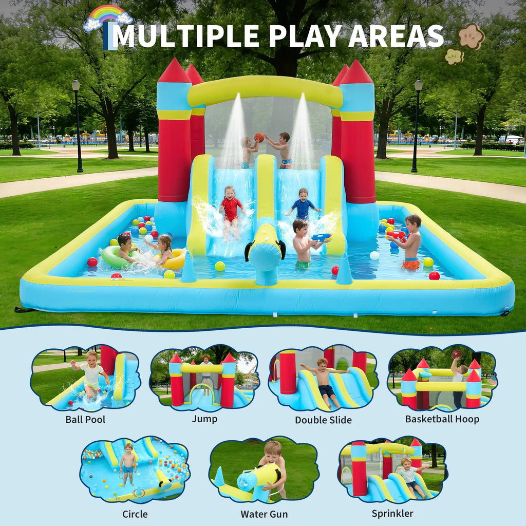14FT Inflatable Bounce House Jump House For Kids With Slide, 350W Blower, 7-in-1 Indoor Outdoor Water Park Splash Pool