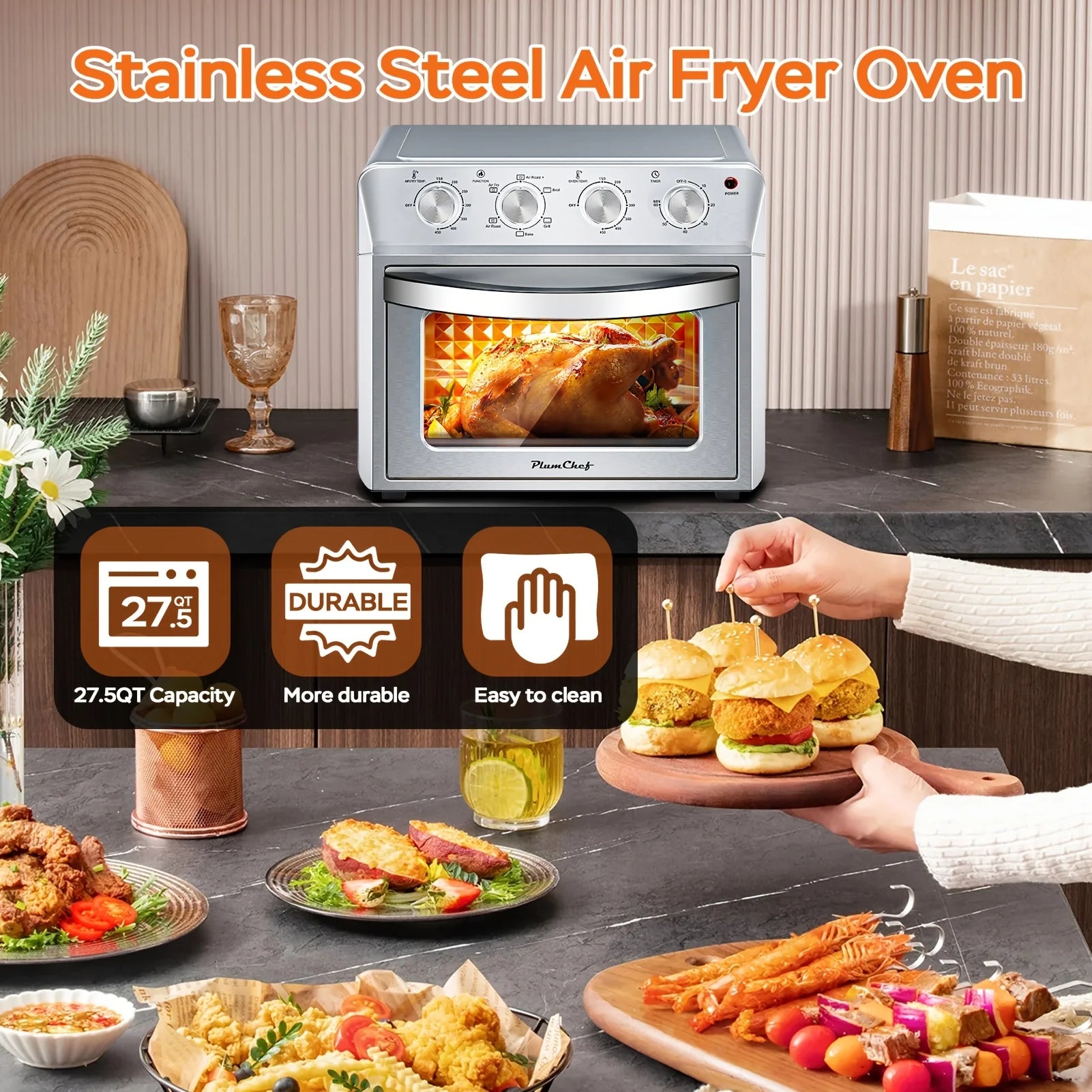 Plum Chef 27.5QT Air Fryer Oven, 6-In-1 Countertop Oven, Air Fry, Bake, Broil, Toast, Warm, Dehydrate, 4 Knob Control, 1600W, Family Size, Silver