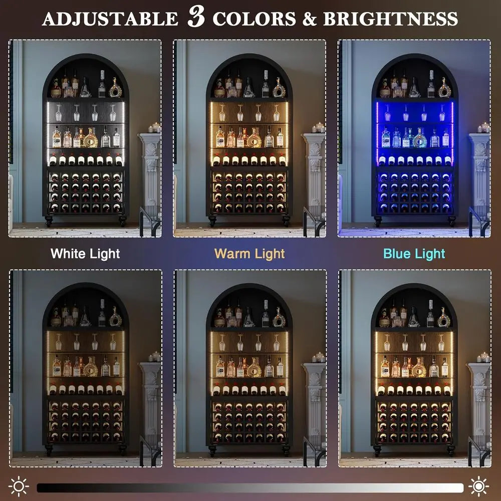 LED-Illuminated 71 Tall Wine & Liquor Cabinet with Glass Holders and Rack for Living Room, Kitchen, or Dining Area (Black)