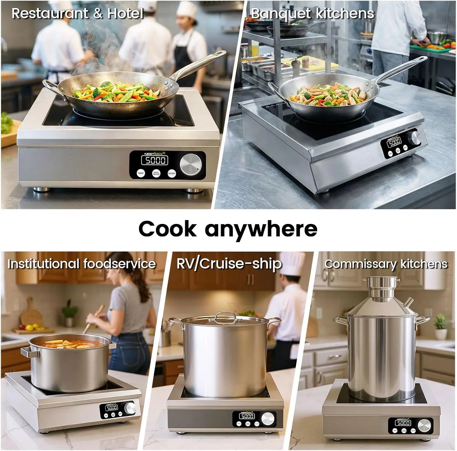 5000W Commercial Induction Cooktop, 208V 3-Phase Heavy-Duty Countertop Induction Burner, Electric Cooktop with 9.25" Copper Coil, 24H Timer for Commercial Kitchens