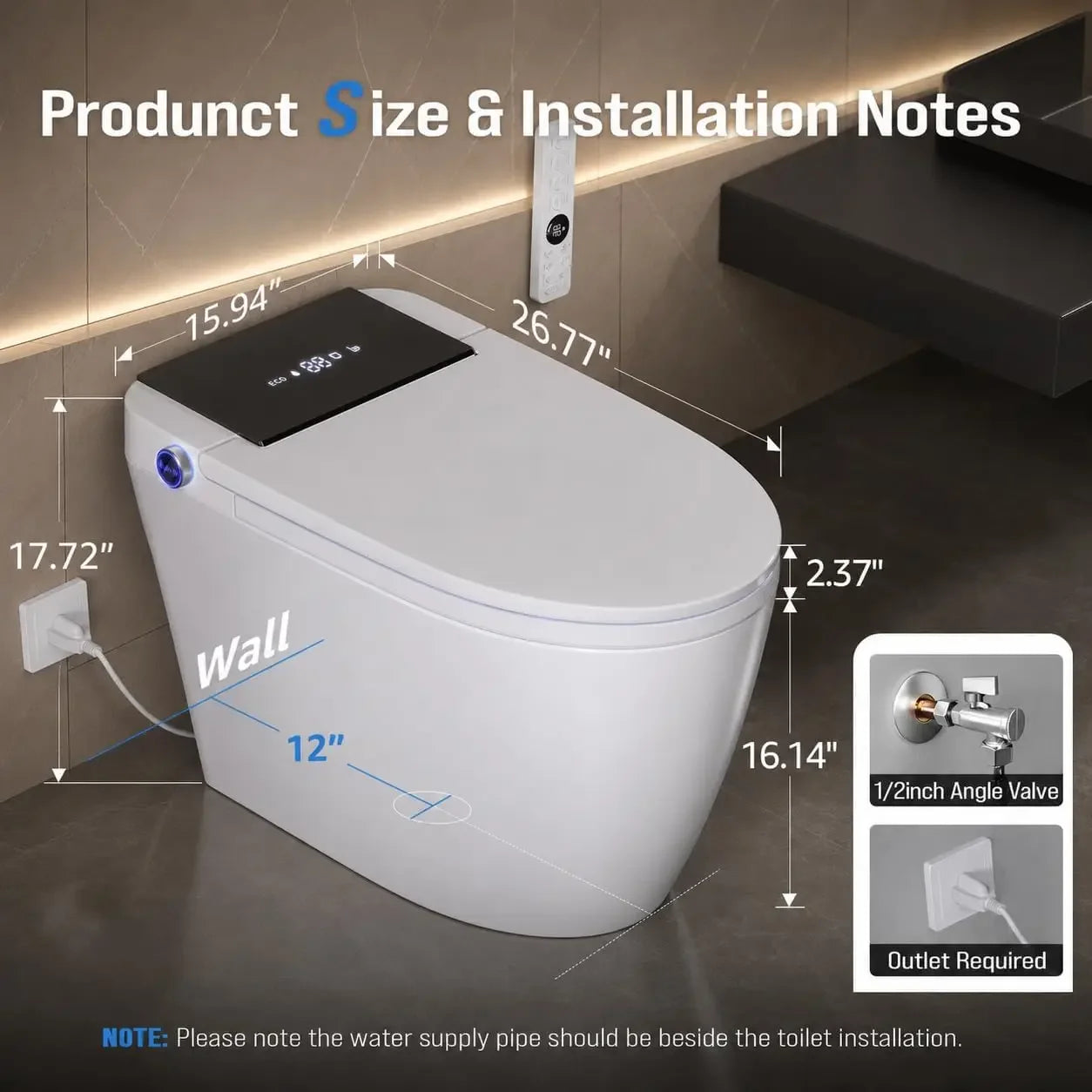 Smart Toilet with Bidet Built In, Heated Seat & Dual Auto Flush, Foot Sensor, Tankless Electric Toilet with Warm Water Wash, Air Dryer, LED Display