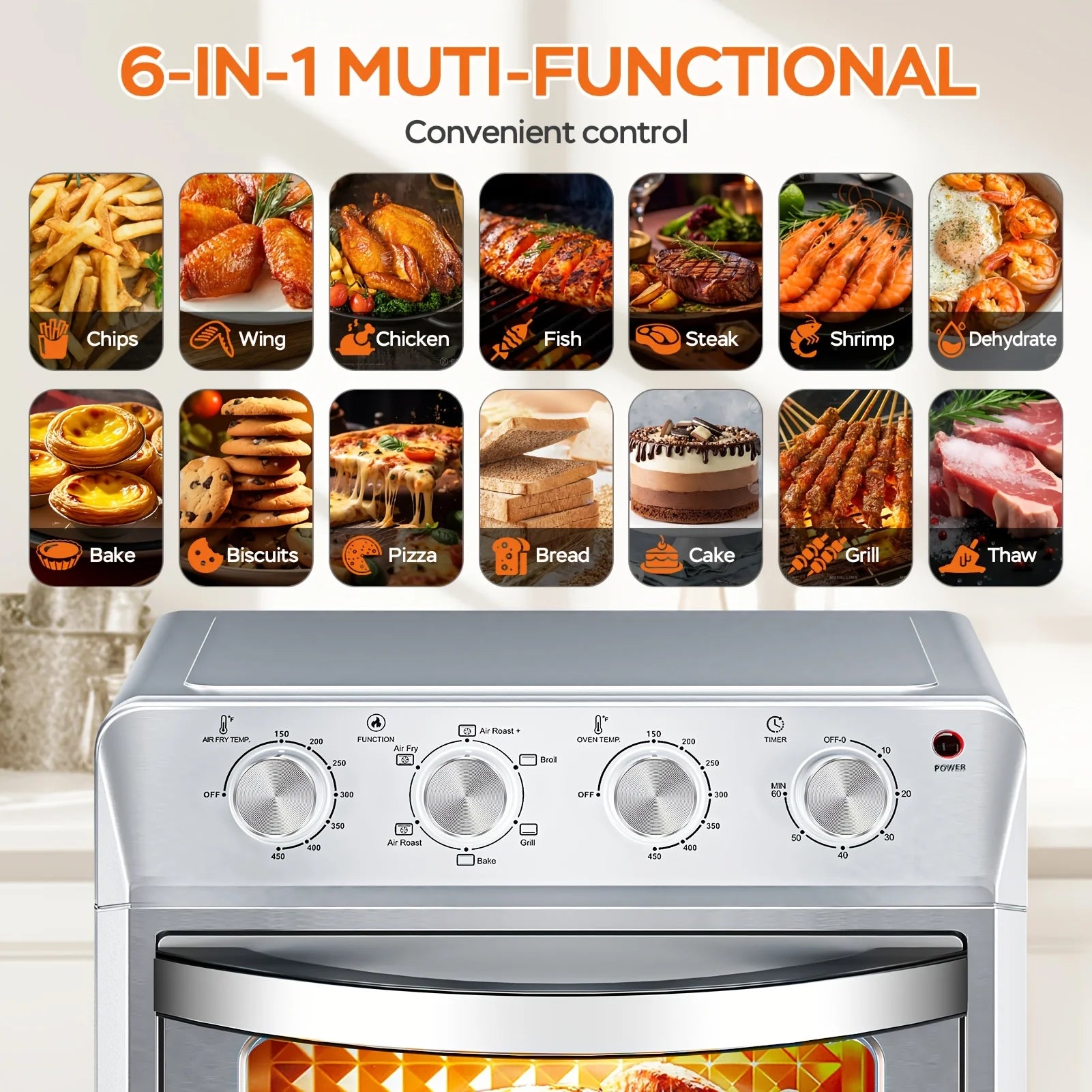 Plum Chef 27.5QT Air Fryer Oven, 6-In-1 Countertop Oven, Air Fry, Bake, Broil, Toast, Warm, Dehydrate, 4 Knob Control, 1600W, Family Size, Silver
