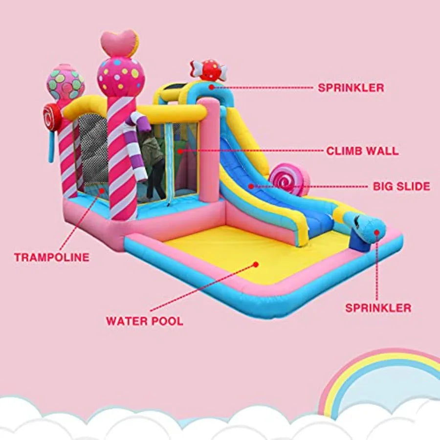 5-in-1 Iatable Water Slide for,Water Bounce House w/Air Blower, Jumping Area, Sprinker, Water Cannon, Climbing Wall and Splash