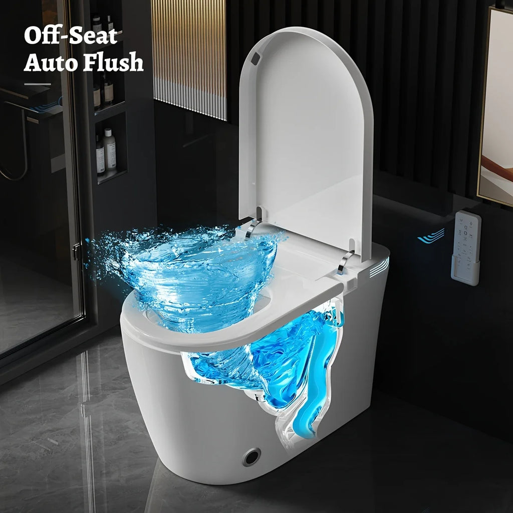 Smart Bidet Toilet with Heated Seat, Warm Air Dryer, Auto-Lift Soft-Close Lid, Touchless Flush, Tankless Heating System, Elongated Bowl Design – Modern Comfort Bathroom Upgrade