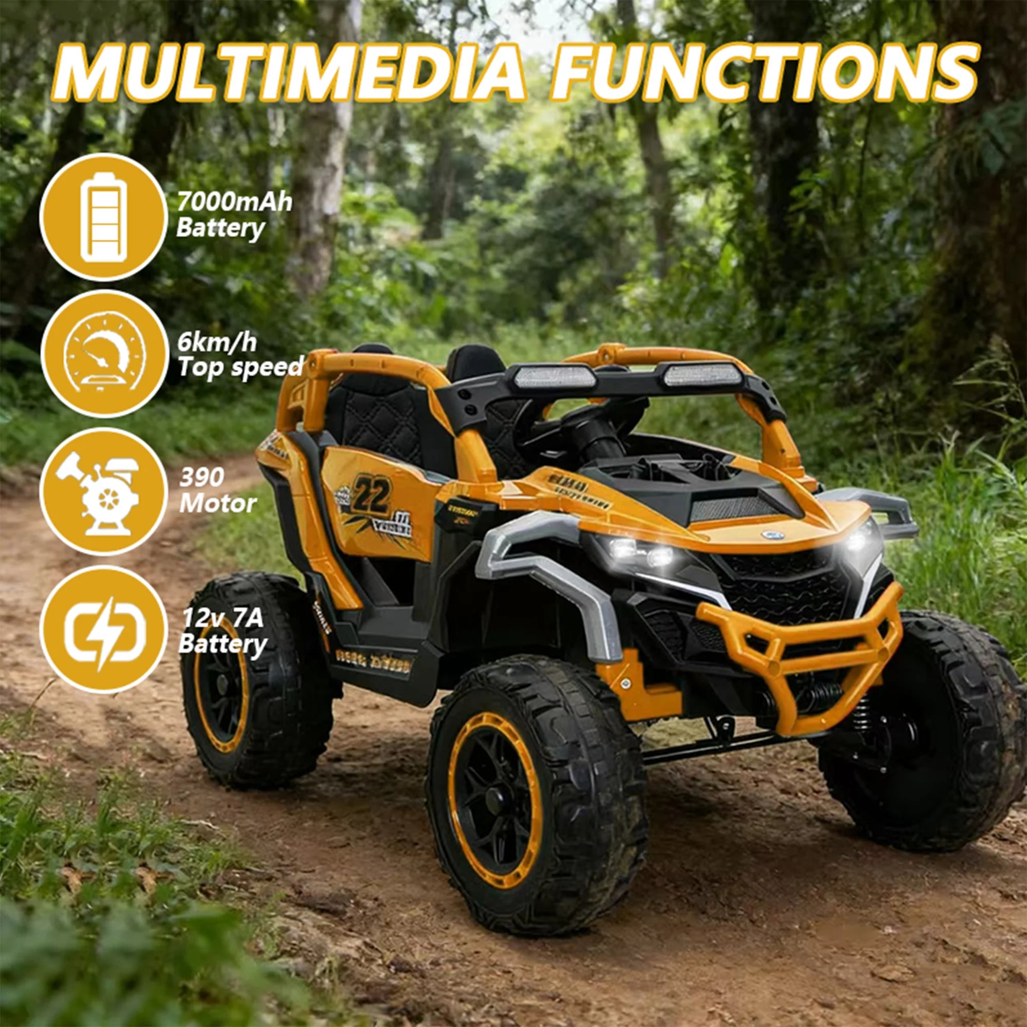 12V Kids Ride on UTV 2-seater with Parent Remote Control Suspension LED Lights Music Player for Ages 3-6 Yellow Black