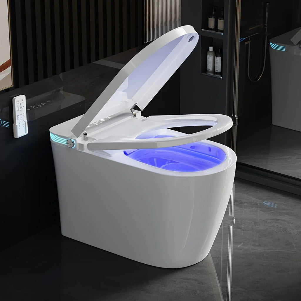 Smart Bidet Toilet with Heated Seat, Warm Air Dryer, Auto-Lift Soft-Close Lid, Touchless Flush, Tankless Heating System, Elongated Bowl Design – Modern Comfort Bathroom Upgrade