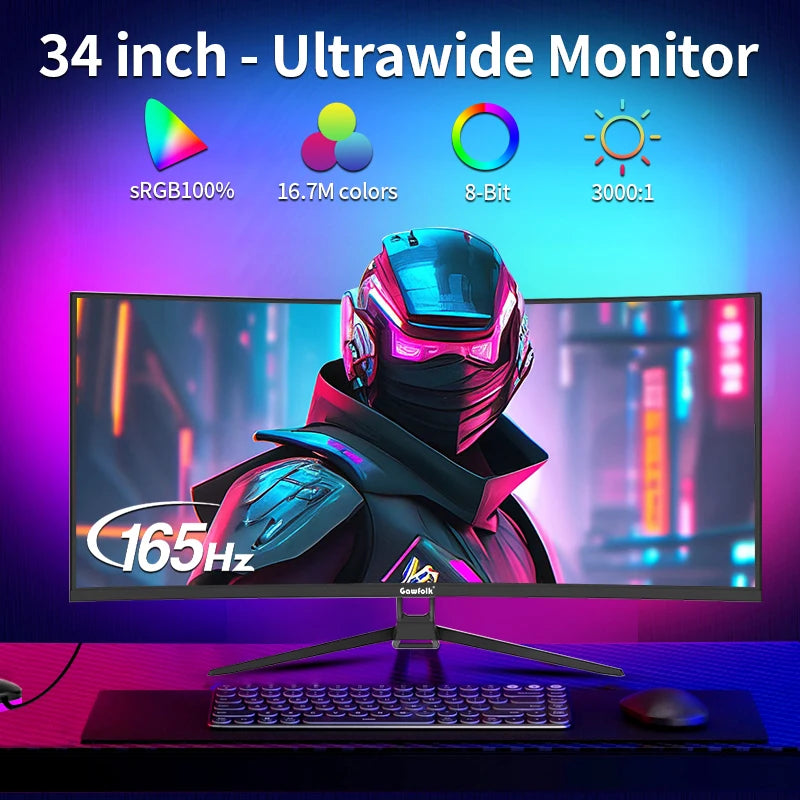 Gawfolk 34 Inch Ultrawide Curved Gaming Monitor, 1500R PC Screen 165hz UWQHD 4K, Curved Computer Screen with FreeSync, Support W