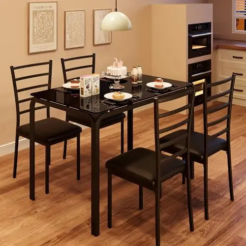 Modern Black Glass Dining Table With Four Matching Chairs, Compact Rectangle Set For Kitchen Or Breakfast Nook