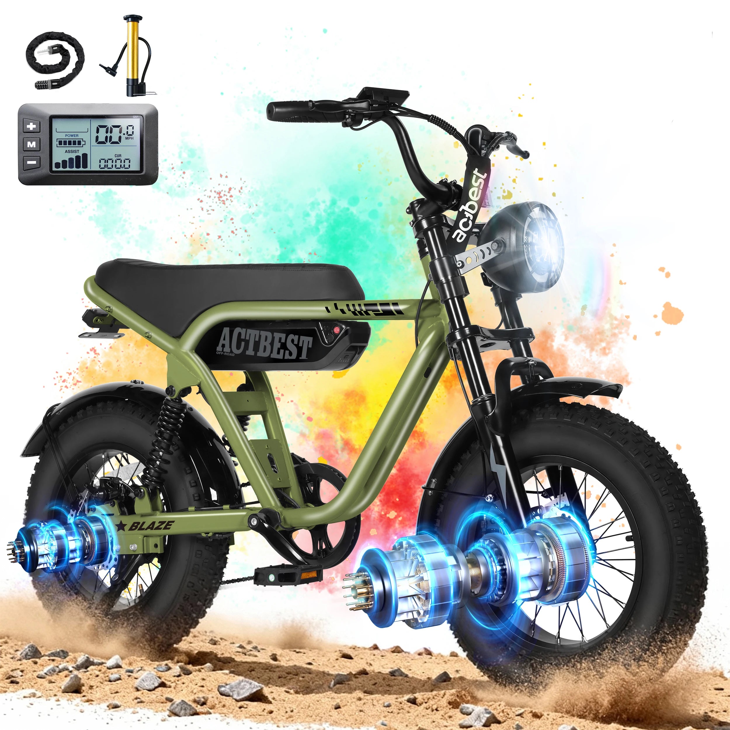 ActBest Blaze Electric BiNke, 16" Fat Tires Electric Mountain Bike, 1200W Peak Motor 48V 10.4Ah, 25 MPH 55Mi Range Off-Road Ebike with Full Suspension, with Free Bike Lock