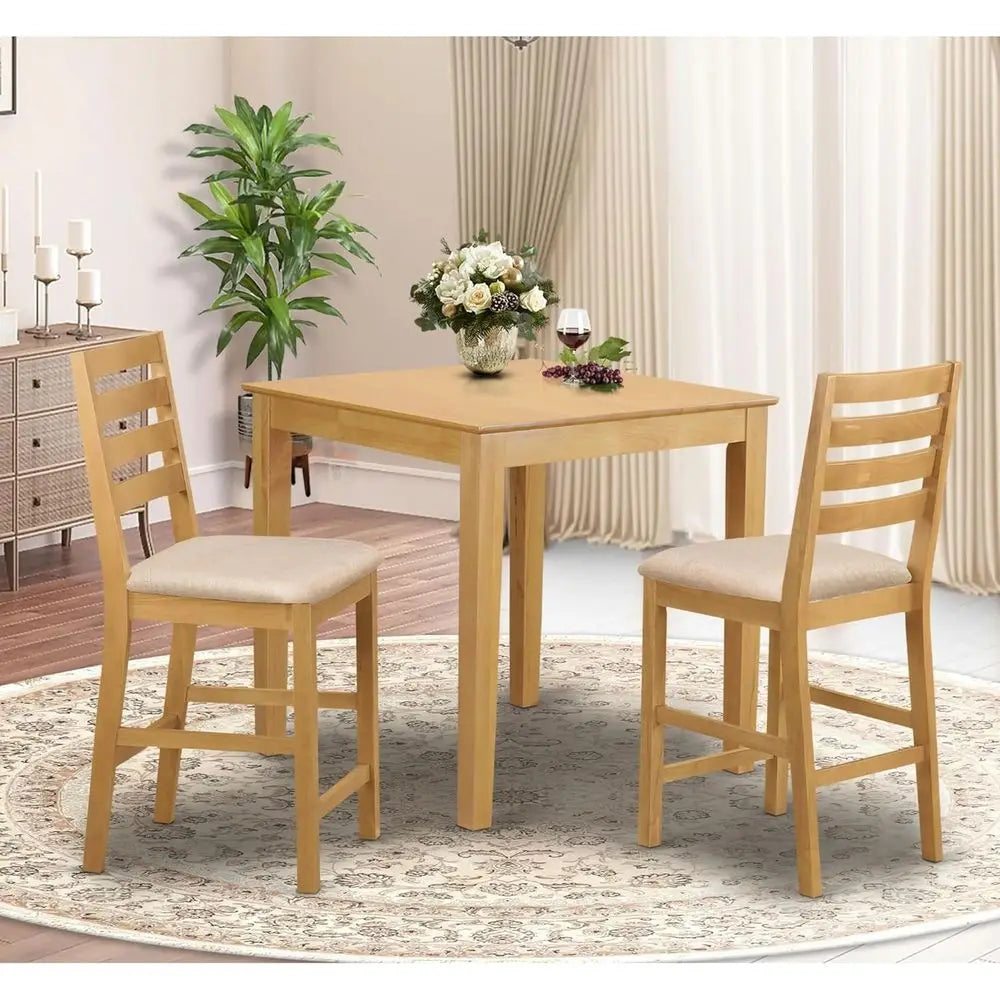 3-Piece Counter Height Pub Set with Square Table and 2 Linen Chairs, 36x36 Inch, Oak Finish