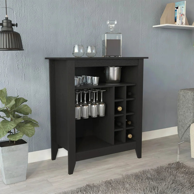 Black Bar Cabinet with Open Shelf, Wine Racks, and Drawer