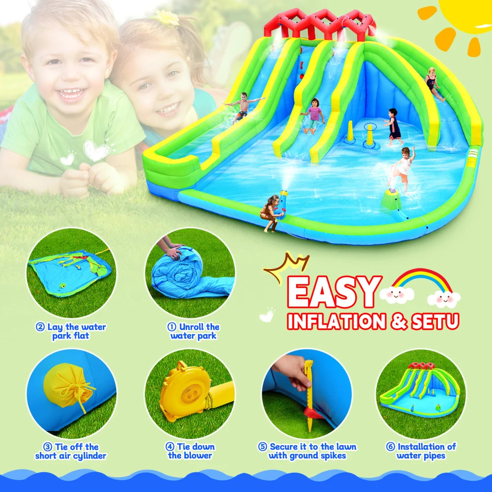 7 in1 Inflatable Water Park Three Slide with Blower Water Gun Sprinkler Fountain Climbing Wall for Children