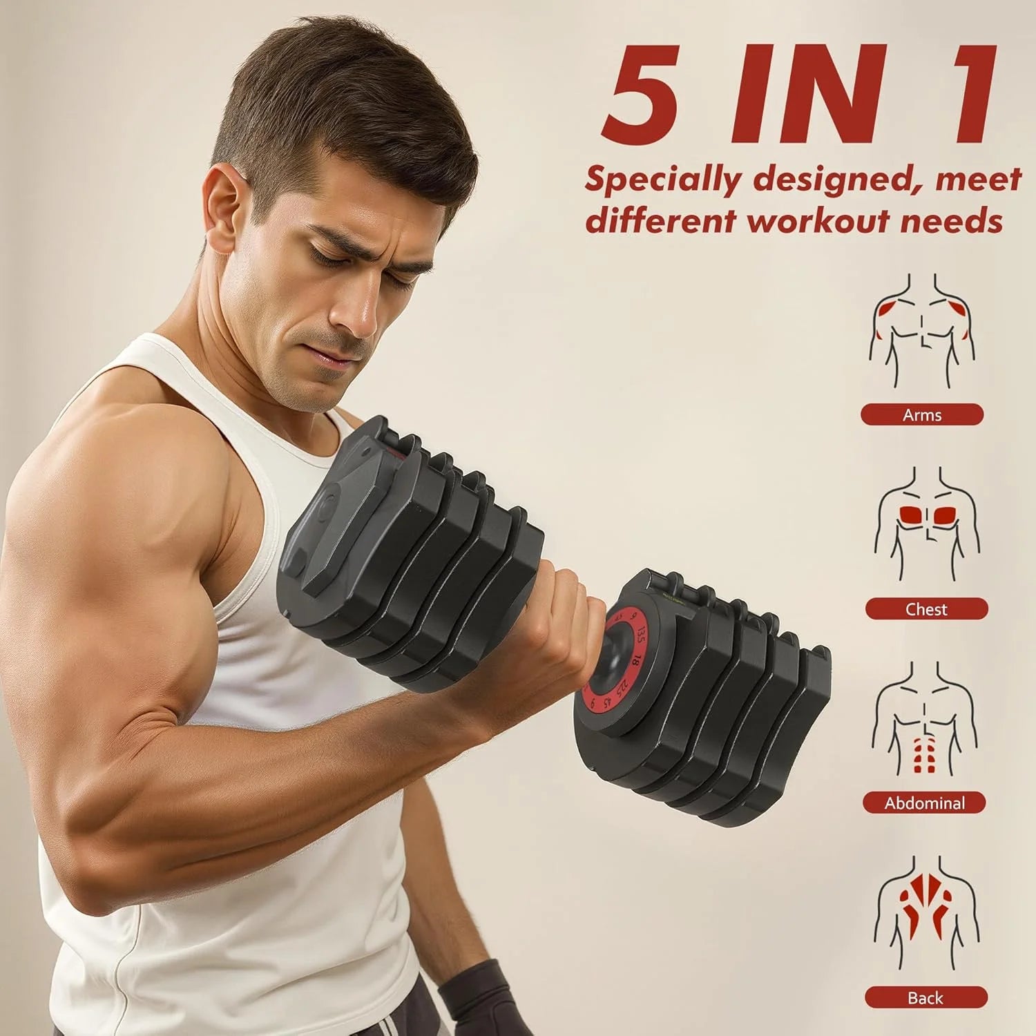 22.5LB 5-in-1 Quick Adjustable Dumbbells, Non-slip Fitness Set for Men & Women Home Workout
