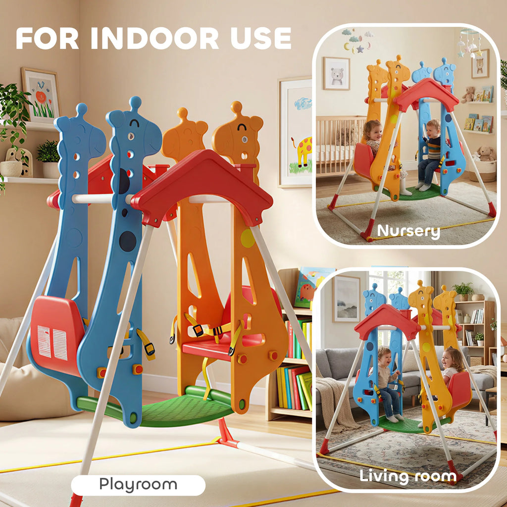 Face-to-Face Kids’ Swing, Stable A-Frame, 2-Seat, Indoor & Outdoor, Baby & Toddler Swing with Safety Belts, Giraffe Design