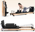 Foldable Pilates Reformer Machine, Oak Wood Studio Grade Home Gym Equipment With Sitting Box And Jump Board, Ergonomic Strength Training Core Workout Fitness Station, Natural Wood