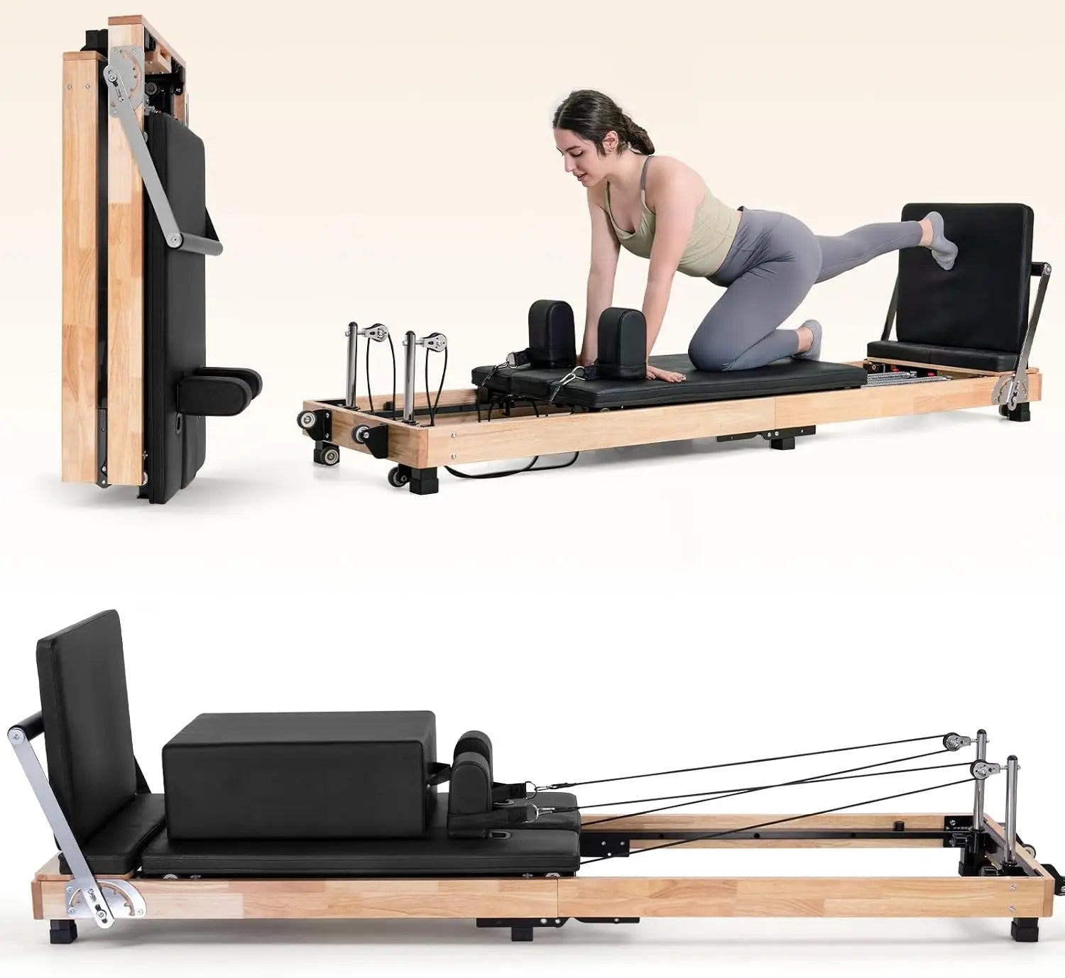 Foldable Pilates Reformer Machine, Oak Wood Studio Grade Home Gym Equipment With Sitting Box And Jump Board, Ergonomic Strength Training Core Workout Fitness Station, Natural Wood