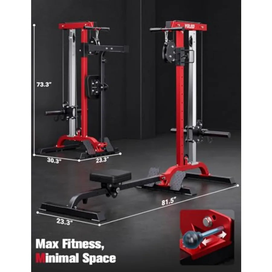 Home gym rowing cable machine LAT pulldown station: steel frame, black, 2-in-1 adjustable foldable design with 6 attachments, 4