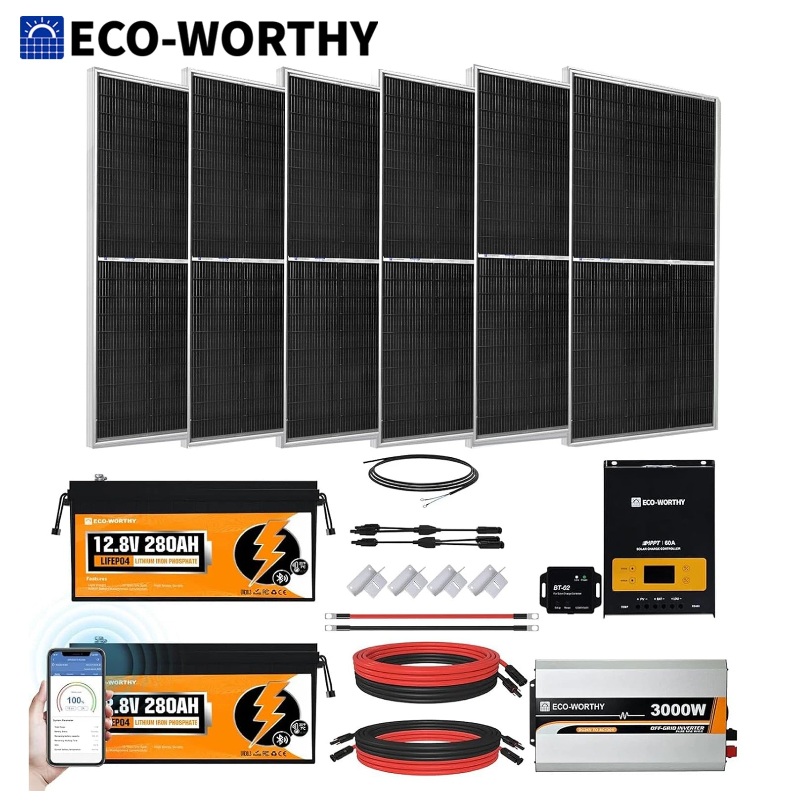 ECO-WORTHY 1200W Lithium Battery Solar System Off Grid:6pcs 195W Solar Panels+2Pcs 12.8V 280Ah Battery+60A MPPT+3000W Inverter