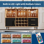 47 Wine Bar Cabinet with Storage, Wine Rack, Glass Holder, LED Light, and Charging Station - Wooden Black
