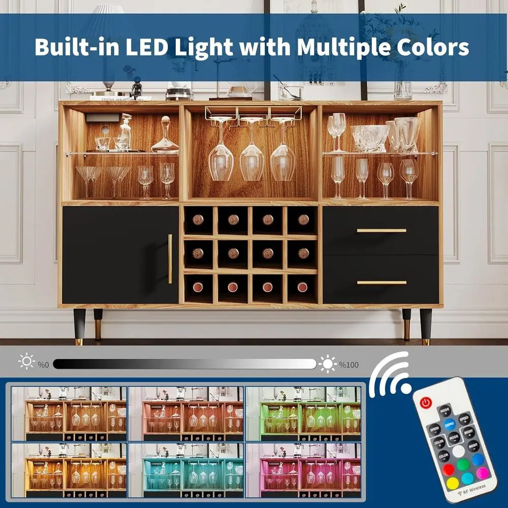 47 Wine Bar Cabinet with Storage, Wine Rack, Glass Holder, LED Light, and Charging Station - Wooden Black