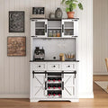 Sliding Door Pantry Cabinet with Drawers & Wine Rack, Rustic Buffet for Kitchen, White and Black