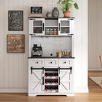 Sliding Door Pantry Cabinet with Drawers & Wine Rack, Rustic Buffet for Kitchen, White and Black