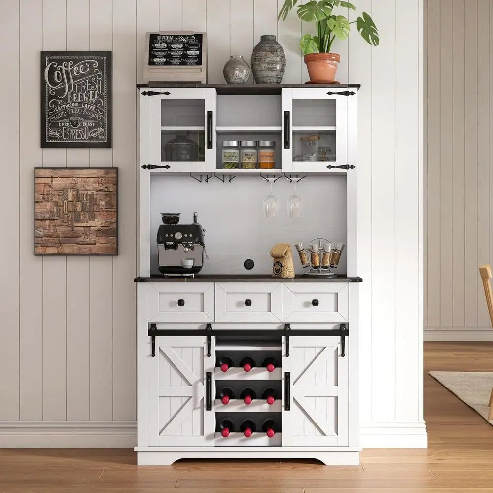 Sliding Door Pantry Cabinet with Drawers & Wine Rack, Rustic Buffet for Kitchen, White and Black
