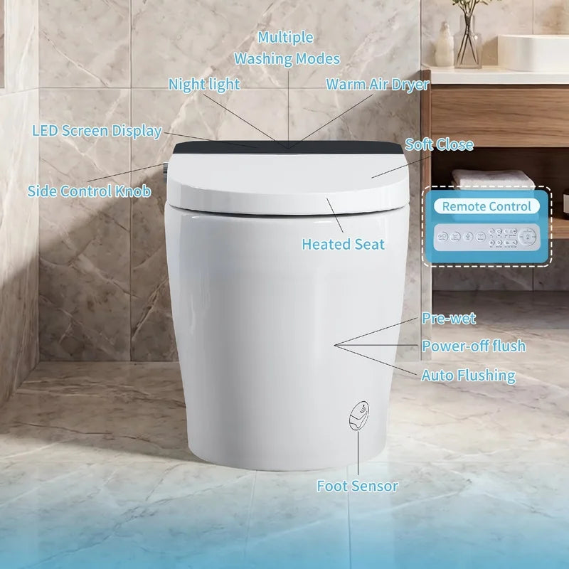 Smart One-Piece Bidet Toilet with Auto Flush, Heated Seat, Warm Water, Dry Function, Adjustable Temperature, Remote Control
