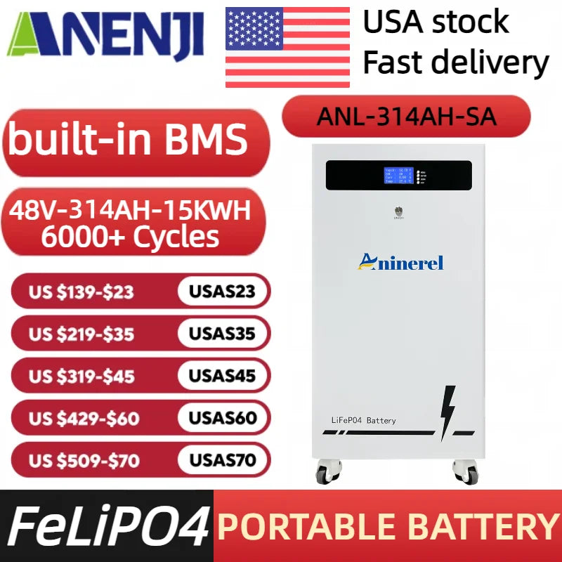 Aninerel US STOCK 48V 314Ah LiFePO4 Battery 15Kwh solar battery 6000+ Cycles BT 51.2V 314Ah Home Solar RV Lithium Battery BMS