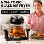 16 Qt Large Glass Air Fryer Non Toxic, Black PFOA/PTFE/BPA Free, Large Family Sized Airfryer Cooker with 3 Cooking Sections, No
