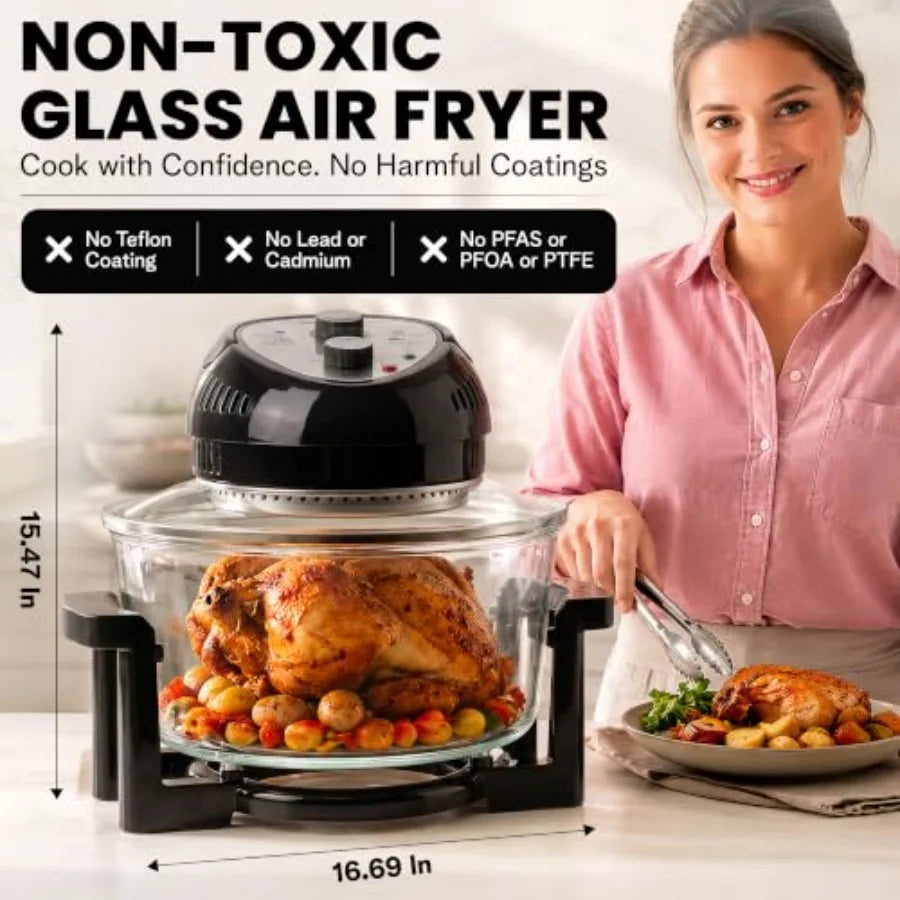 16 Qt Large Glass Air Fryer Non Toxic, Black PFOA/PTFE/BPA Free, Large Family Sized Airfryer Cooker with 3 Cooking Sections, No