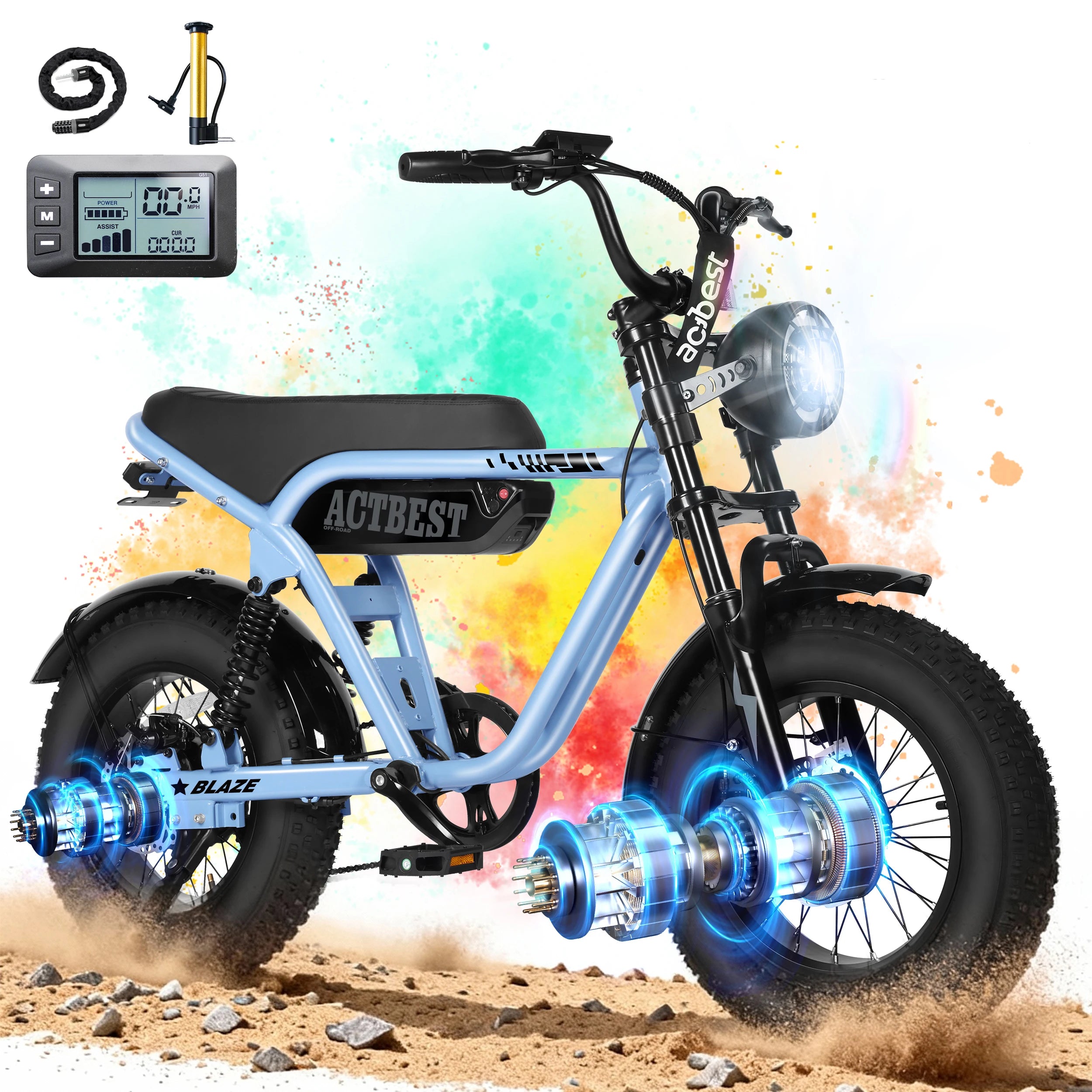 ActBest Blaze Electric BiNke, 16" Fat Tires Electric Mountain Bike, 1200W Peak Motor 48V 10.4Ah, 25 MPH 55Mi Range Off-Road Ebike with Full Suspension, with Free Bike Lock
