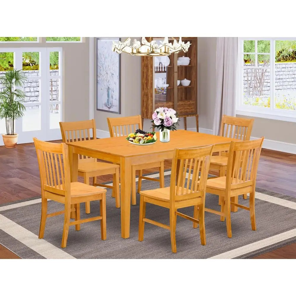 7-Piece Oak Dining Table Set with 6 Chairs, 36x60 Inch