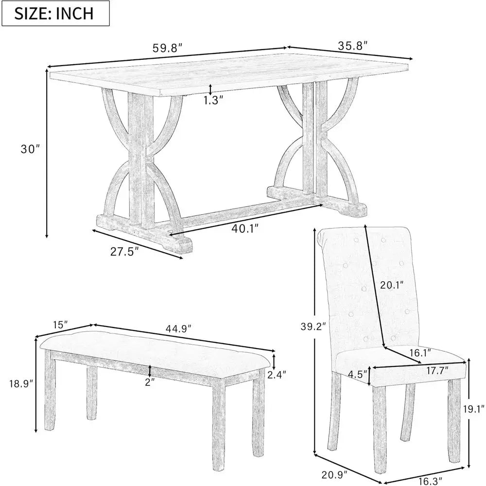 6-Piece Gray Wash & Beige Dining Set: Rectangular Table, 4 Upholstered Chairs, 1 Bench