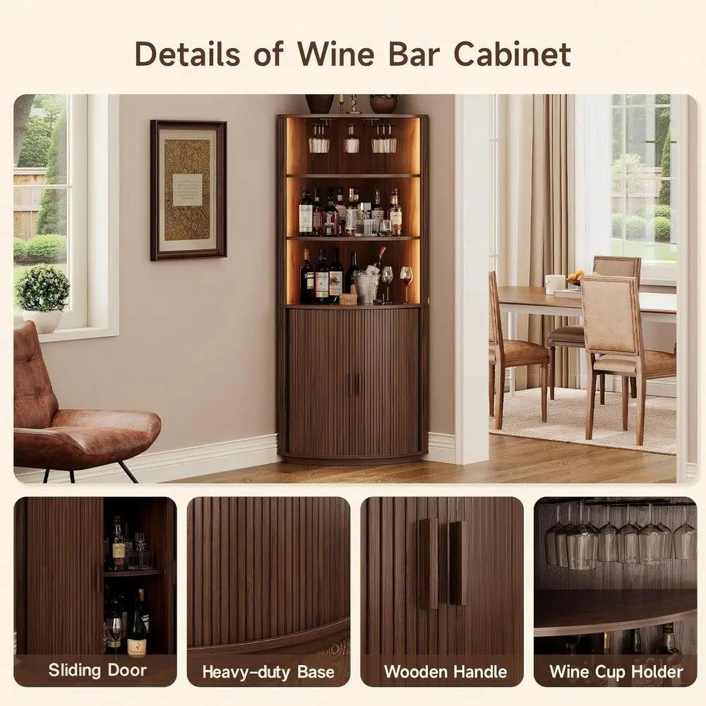 72 Inch Tall LED-lit Bar Cabinet with Sliding Door, Wine Storage and Glass Holder for Dining or Living Room in Walnut Finish