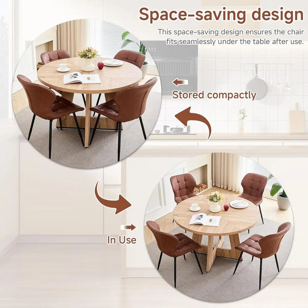 47 Round Dining Table with 4 Brown Upholstered Chairs - Modern Kitchen & Living Room Set