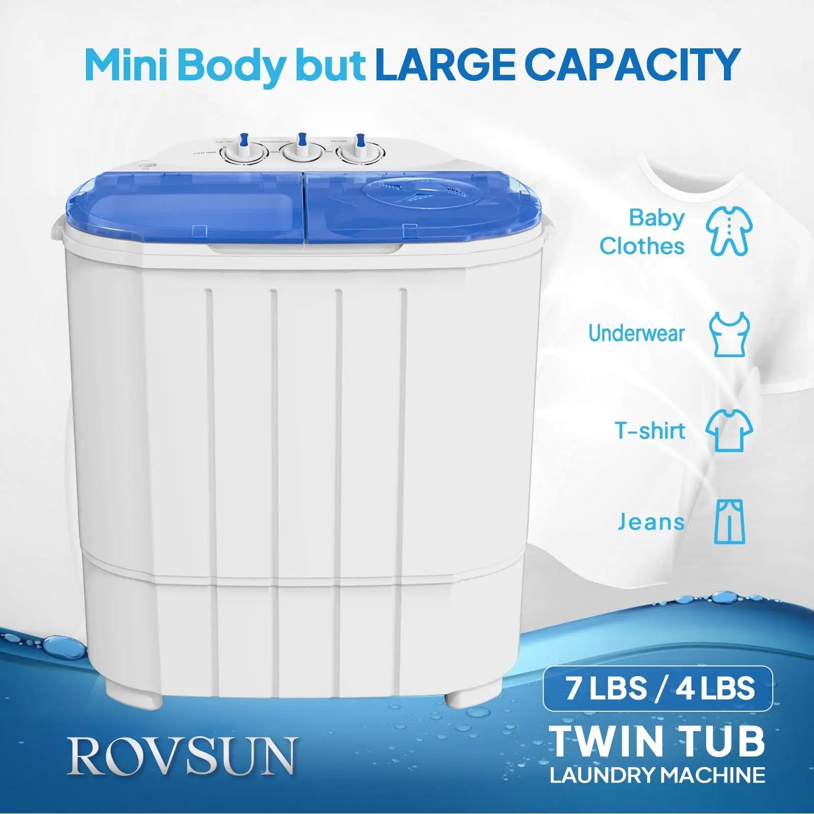 Portable Washing Machine - Compact Twin Tub Mini Washer & Spin Dryer Combo with Built-in Gravity Drain, 110V Electric Laundry Machine for Apartments, Dorms, RV, Camping - Energy Efficient, Quiet, Space Saving, No Installation