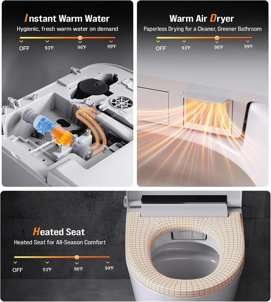 Smart Toilet with Bidet Built In, Heated Seat & Dual Auto Flush, Foot Sensor, Tankless Electric Toilet with Warm Water Wash, Air Dryer, LED Display