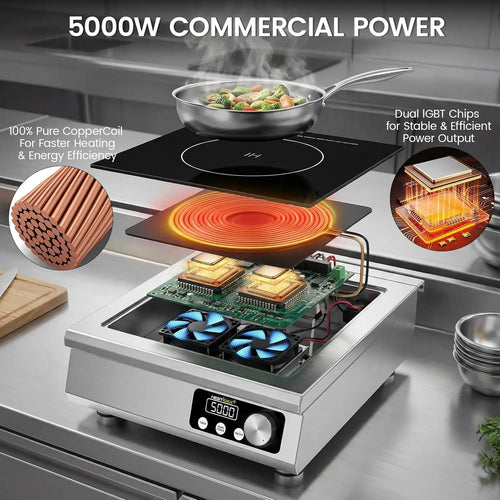 5000W Commercial Induction Cooktop, 208V 3-Phase Heavy-Duty Countertop Induction Burner, Electric Cooktop with 9.25" Copper Coil, 24H Timer for Commercial Kitchens