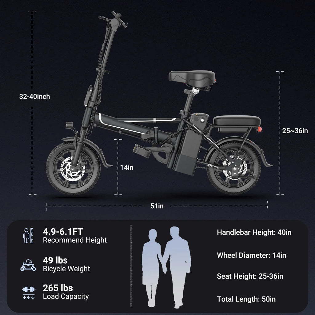 Black Foldable Ebike 500W 48V 10.4AH Electric Bicycle 22MPH Max Speed 28Miles Long Range with Two Seats for Adult