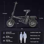 Black Foldable Ebike 500W 48V 10.4AH Electric Bicycle 22MPH Max Speed 28Miles Long Range with Two Seats for Adult