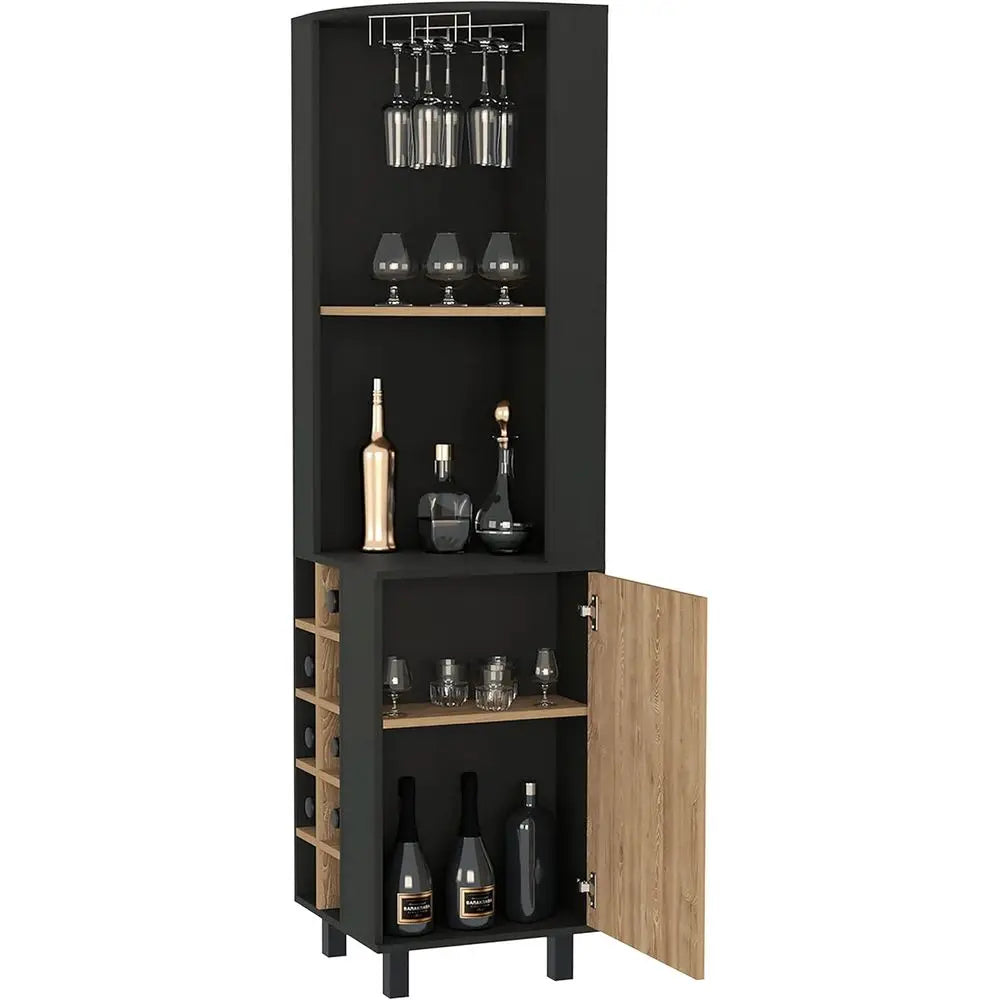 Black/Pine Wine Cabinet with Glass Rack, 10 Bottle Holders, 2 Open Shelves