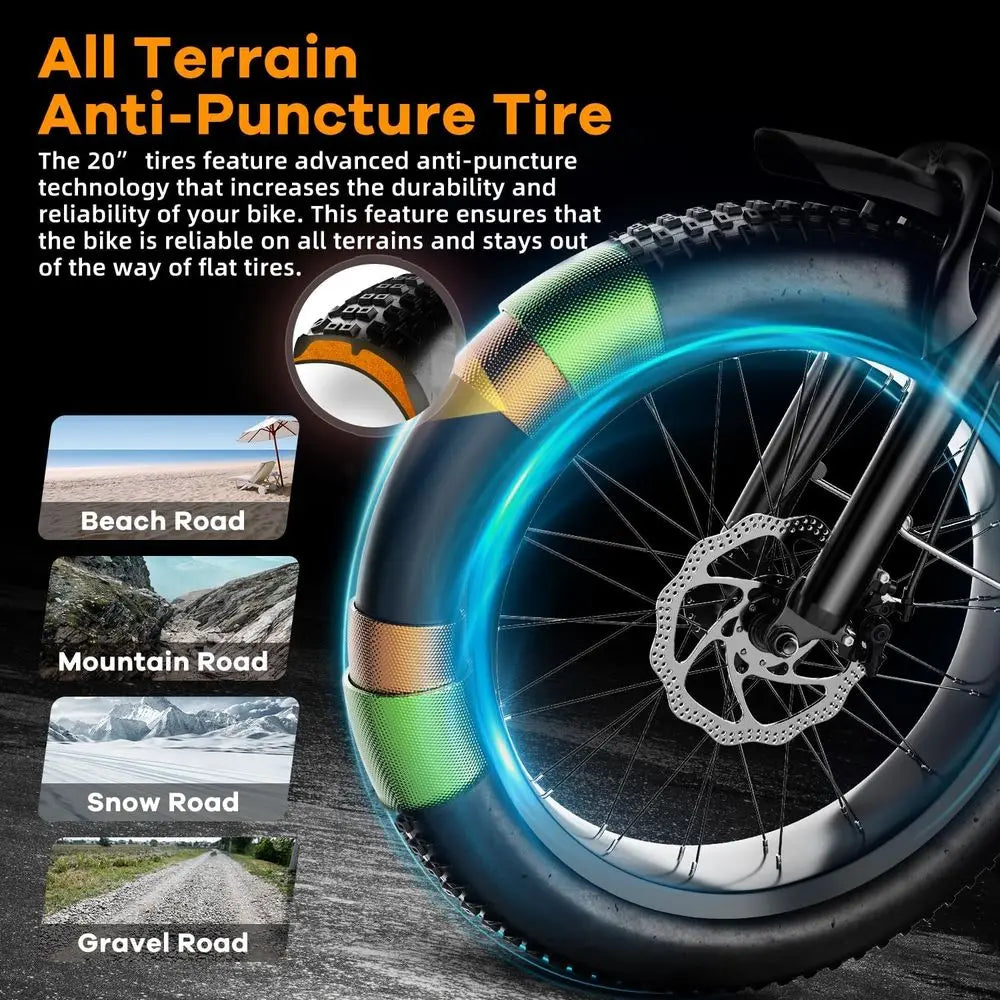 48V 20AH Removable Battery Electric Bike - 1000W, 80-Mile Range, 20 Tires for Adults