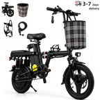 Foldable electric bicycle for adults, equipped with 14-inch tires, featuring 8 shock absorbers, a 500W motor power, a 48V 15Ah c