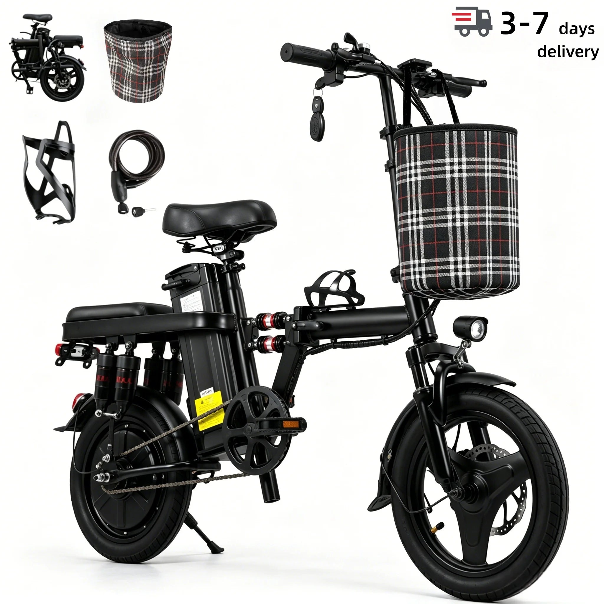 Foldable electric bicycle for adults, equipped with 14-inch tires, featuring 8 shock absorbers, a 500W motor power, a 48V 15Ah c