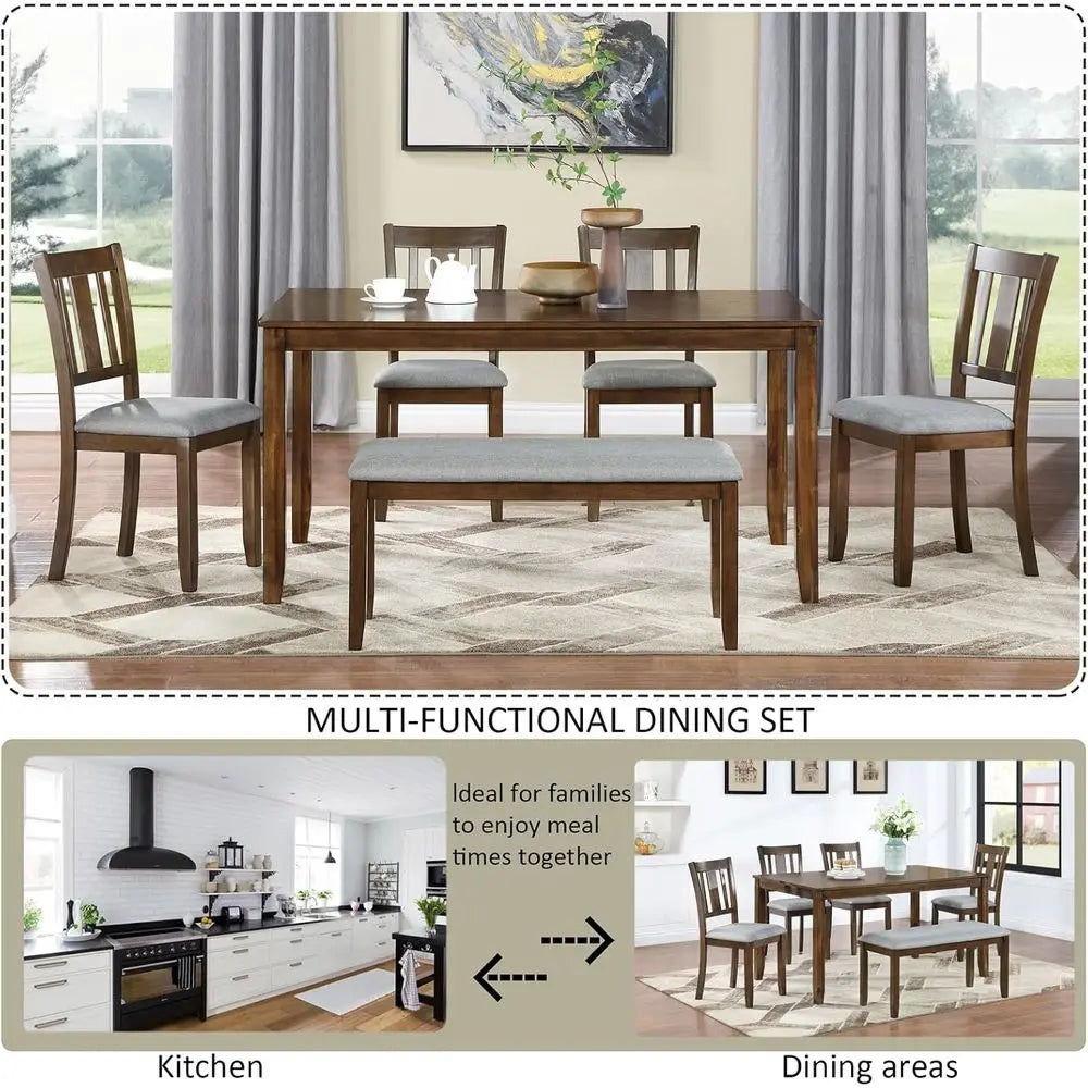 Walnut 6-Piece Solid Wood Dining Set with 1 Table, 4 Chairs, and 1 Bench