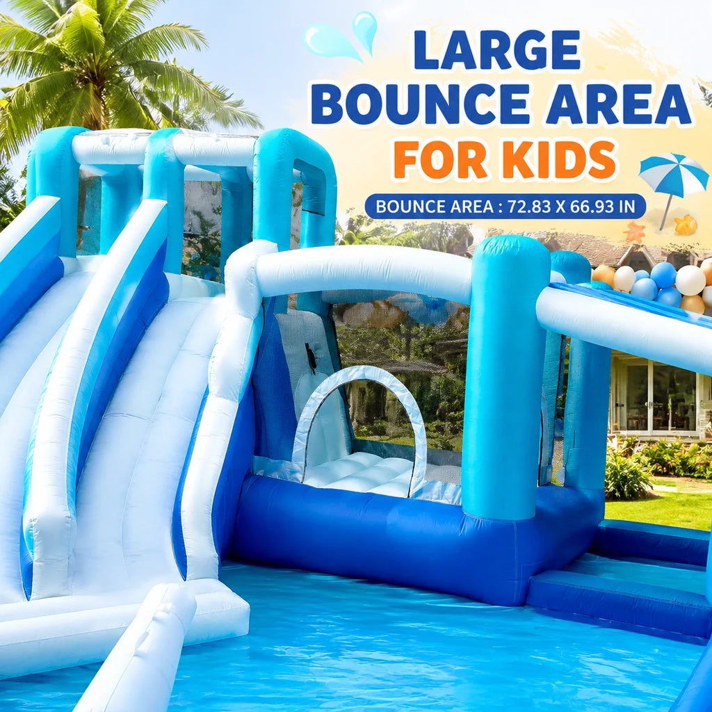 Blue And White Dual Slide Water Slide Combo 3-in-1 Fun with Slide Pool Water Gun And Play Area for Endless Summer Exciting