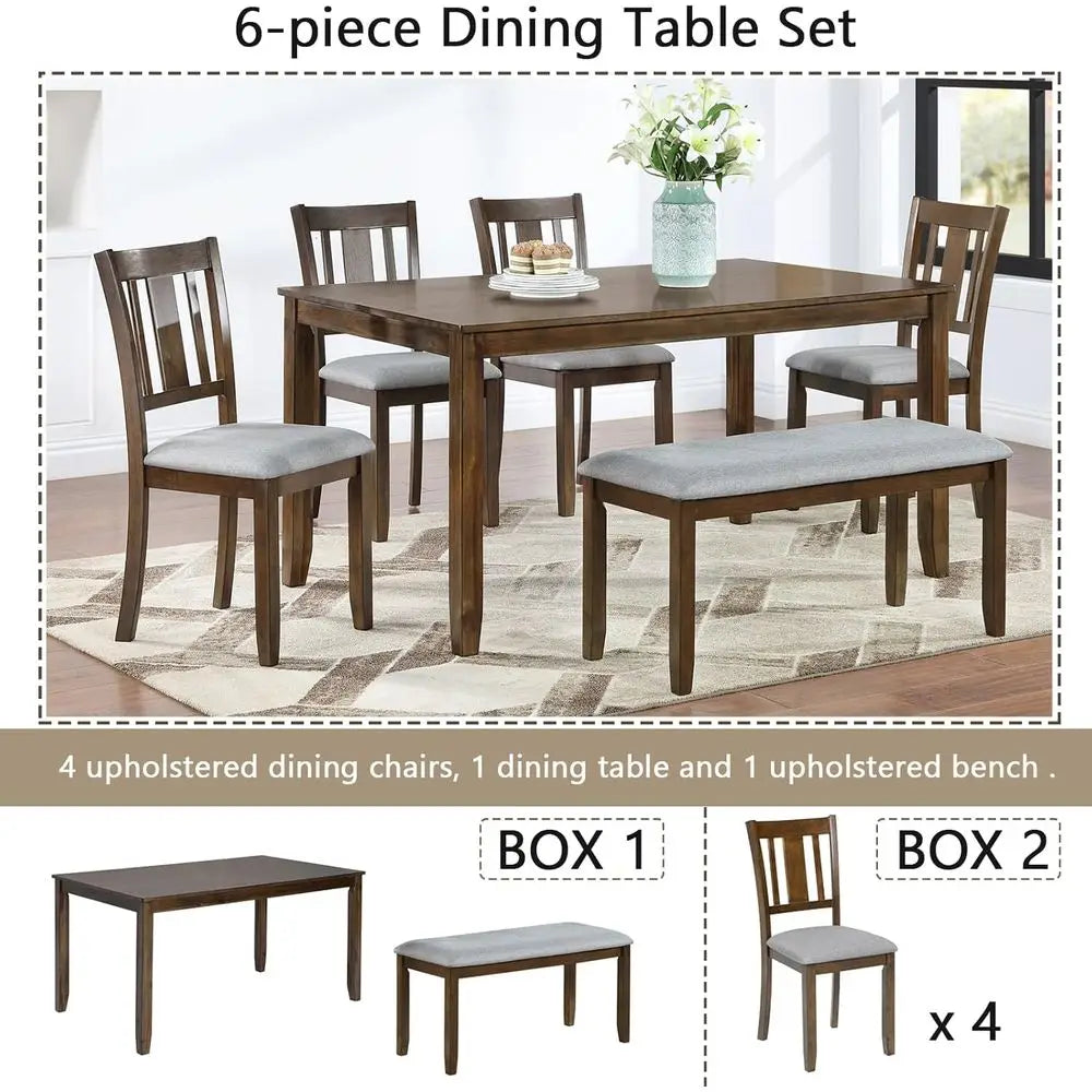Walnut 6-Piece Solid Wood Dining Set with 1 Table, 4 Chairs, and 1 Bench