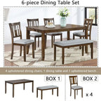 Walnut 6-Piece Solid Wood Dining Set with 1 Table, 4 Chairs, and 1 Bench