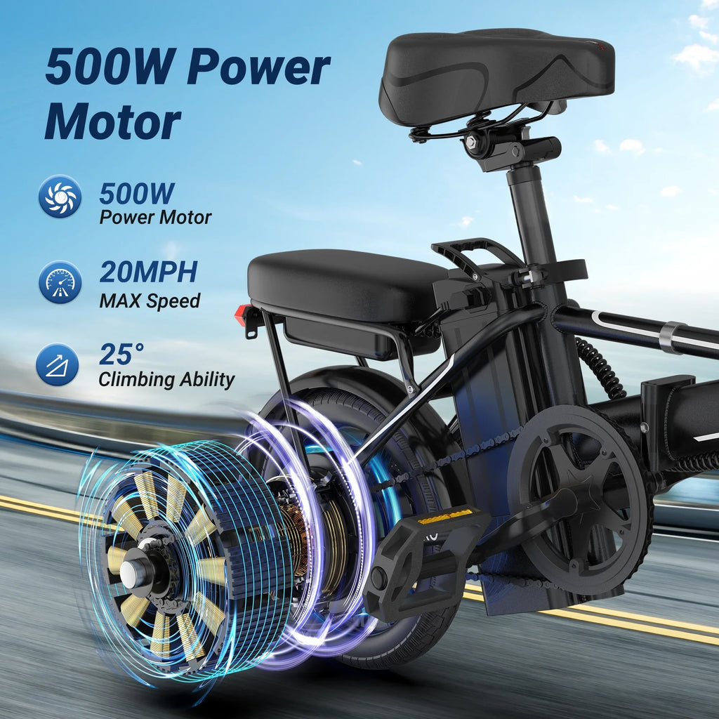 Black Foldable Ebike 500W 48V 10.4AH Electric Bicycle 22MPH Max Speed 28Miles Long Range with Two Seats for Adult
